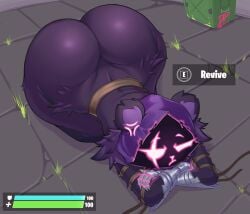 1girls animal_ears annoyed ass ass_up bodysuit bubble_ass bubble_butt butt butt_crack_outline clothed clothing dipx fortnite hood looking_at_viewer presenting purple_eyes raven_team_leader skin_tight solo text thick_thighs tight_bodysuit tight_clothing