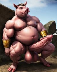 ai_generated anthro anthrofied big_belly cum cumshot huge_balls huge_cock muscular_anthro pig porcine