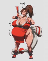 1girls belly_expansion big_belly big_breasts blush inflation king_of_fighters mai_shiranui massive_breasts milk10pm simple_background solo sweat text thick_thighs weight_gain