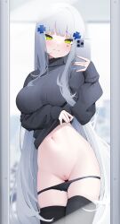 absurdres black_panties black_sweater black_thighhighs blunt_bangs blush breasts cellphone cleft_of_venus closed_mouth clothes_lift commentary cowboy_shot facial_mark female girls'_frontline green_eyes grey_hair hair_ornament highres hk416_(girls'_frontline) holding holding_phone horny jewelry large_breasts lifted_by_self long_hair long_sleeves looking_at_viewer mirror navel panties panty_pull phone pussy ribbed_sweater ring selfie solo standing stomach sweater sweater_lift teardrop_facial_mark thigh_gap thighhighs turtleneck turtleneck_sweater uncensored underwear very_long_hair z.taiga