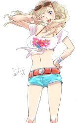 1girls ann_takamaki belt blonde_hair blue_eyes breasts crop_top denim_shorts earrings heart_earrings komugi_(mugiwaraclub) large_breasts looking_at_viewer midriff navel painted_fingernails persona persona_5 shorts sunglasses sunglasses_on_head tied_shirt twintails white_crop_top