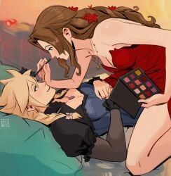 1boy 1girls aerith_gainsborough applying_makeup beebot blonde_hair blue_corset blue_dress blue_eyes braided_ponytail breasts brown_hair casual cloud_strife corset crossdressing dress female female_supporting_crossdressing femboy final_fantasy final_fantasy_vii green_eyes hair_flower large_breasts lesbians_doing_makeup makeup male male_and_female_focus necklace pillow ponytail red_dress spiky_hair twintails wall_market wholesome