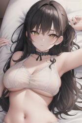 1girls ai_generated belly_button black_hair bra choker cute female freckles implied_sex lace lace_bra laying_down laying_on_bed looking_at_viewer stable_diffusion white_lace yellow_eyes