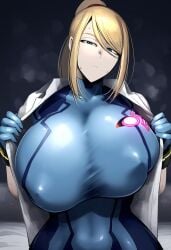 ai_generated big_breasts big_nipples breasts bursting_breasts expressionless gigantic_breasts gloopai looking_at_viewer metroid nai_diffusion nipple_bulge nipples samus_aran steam steaming_body sweat uninterested zero_suit_samus