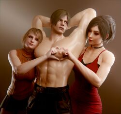 1boy 2girls 3d 3d_(artwork) 3d_model abs ada_wong ada_wong_(adriana) admiration arms_behind_head ashley_graham ashley_graham_(ella_freya) asian_female bare_chest bare_shoulders bare_torso belt belt_buckle big_muscles body_worship breast_squish capcom chest_squish choker clothed_female_nude_male female flexing flexing_arms flexing_bicep flexing_muscles gesture hairy_stomach hand_heart head_against_breast head_against_chest head_on_chest heart huge_chest human human_only larger_male leon_scott_kennedy leon_scott_kennedy_(eduard_badaluta) light-skinned_female light-skinned_male light_skin male male_focus muscular_arms muscular_chest muscular_male muscular_shoulders muscular_torso naked_torso nipples nude_male_clothed_female orange_sweater pants_only presenting_chest red_dress resident_evil resident_evil_4 resident_evil_4_remake short_hair size_difference sleeveless_sweater smaller_female smiling straight vexonair worship