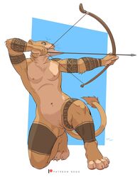 aiming anthro arm_tattoo arrow athletic athletic_anthro athletic_female bow_(weapon) breasts felid female fur genitals hi_res holding_bow holding_object holding_weapon hunter kneeling leg_tattoo lion looking_aside mammal markings navel negger nipples nordic norse nude on_one_knee pantherine pussy ranged_weapon simple_background solo tan_body tan_fur tattoo weapon