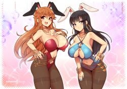 2girls big_breasts black_hair blue_eyes blush bunny_ears bunnysuit clothed clothing female female_focus female_only jewelry large_breasts long_hair looking_at_viewer nami nico_robin one_piece open_mouth orange_eyes orange_hair post-timeskip pre-timeskip smile thick_thighs time_paradox virus-g