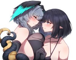 2girls arknights big_breasts black_hair blue_eyes blush blushing breasts eunectes_(arknights) female female_focus female_only ho'olheyak_(arknights) holding holding_hands large_breasts light-skinned_female light_skin looking_at_another looking_at_partner pressing_breasts_together rikuguma short_hair silver_hair smile smiling smiling_at_partner snake_girl snake_tail tagme tail_grab yuri