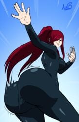 axel-rosered big_butt bodysuit bubble_butt butt erza_scarlet fairy_tail fat_ass gigantic_butt jiggle_butt_gang looking_at_viewer red_hair skintight smirk solo spandex