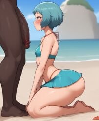 1boy 1girls ai_generated beach big_ass big_butt big_penis blush blushing dark-skinned_male female fuuka_yamagishi grey_eyes huge_cock interracial kneeling male male/female persona persona_3 swimsuit swimwear zenbugens