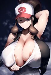ai_generated armpits arms_up big_breasts big_nipples breasts brown_hair bursting_breasts expressionless female gigantic_breasts gloopai hilda_(pokemon) looking_at_viewer nai_diffusion nipple_bulge nipple_slip nipples pokemon ponytail steam steaming_body sweat uninterested