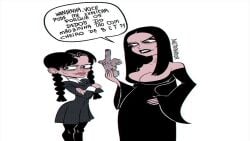 annoyed caught daltrinador humor humour joke middle_finger morticia_addams portuguese_text spanish_dialogue tagme the_addams_family thing_(addams_family) translated_sfx wednesday_(netflix) wednesday_addams white_background