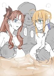 1boy 2girls artoria_pendragon bathroom commentary_request fat_man fate/grand_order fate/stay_night fate_(series) female male multiple_girls saber_ntrok_(artist) tagme tohsaka_rin ugly_bastard