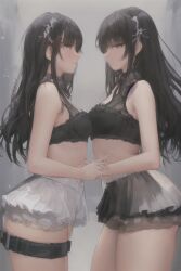 ai_generated black_hair bra gay holding_hands lace lace_bra looking_at_each_other oil_painting pressing_breasts_together short_skirt skirt stable_diffusion thigh_strap