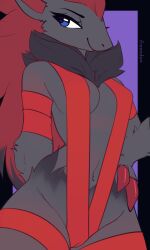 animal_ears anthro blue_eyes breasts canid canine chest_tuft claws eyelashes female fluffy fox_ears freeedon fur generation_5_pokemon grey_body grey_fur hair long_hair mammal nintendo pokemon pokemon_(species) red_hair smile solo tuft zoroark