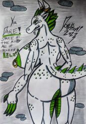 2023 anthro ass big_breasts big_butt breasts claws domizoni dragon female green_body green_claws green_scales hi_res horn nipple_piercing nipple_ring nipples piercing queen_lilith_(domizoni) ring_piercing scales solo text traditional_media_(artwork) white_body white_scales