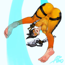 1girls asmo ass barefoot bent_over black_hair blizzard_entertainment bodysuit cameltoe dat_ass eyewear feet female female_only gloves goggles gun holding_gun holding_weapon looking_at_viewer megane navel nipples overwatch pussy see-through short_hair skin_tight soles solo toes tracer v weapon