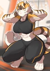 1girls abs big_breasts breasts exercise female looking_at_viewer looking_down mei_xiang muscular muscular_anthro muscular_female muscular_thighs mx99926 oc original short_hair sole_female solo solo_female solo_focus squat squatting sweat_pants tail tank_top thick_thighs tiger tiger_ears tiger_girl tiger_print tiger_stripes tiger_tail wide_hips working_out