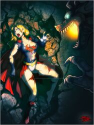 barefoot blonde_hair blood blue_eyes boot_removed boots cape dc dc_comics defeated defeated_heroine defeated_superheroine gloves long_hair long_sleeves one_boot panties skirt supergirl superheroine superman_(series) theinsanedarkone torn_clothes white_panties