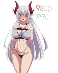 1girls belly_button black_panties blush bra breasts clothed clothing demon_girl demon_horns embarrassed fangs female female_only grey_bra horns huge_breasts indie_virtual_youtuber light-skinned_female light_skin like_and_retweet like_icon nose_blush panties pointy_ears red_eyes red_nails retweet_icon seductive simple_background sinister_(sinsister) solo sports_bra strip_game underwear vash_over virtual_youtuber white_background white_hair