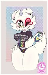 1girls 2023 anthro big_breasts black_clothing bull_terrier bullseye_(target) canid canine canis domestic_dog ear eyelashes female fishys1 floppy_ear fluffy hand_on_hip hi_res looking_at_viewer multicolored_eyes one_eye_closed pride_colors rainbow_background simple_background solo t-shirt tail target_corporation terrier thick_thighs tight_clothing tongue tongue_out white_body white_fur wide_hips wink winking_at_viewer