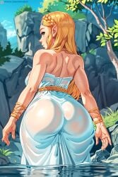 1girls ass blonde_hair breasts breath_of_the_wild bubble_butt dat_ass dress female green_eyes huge_ass light-skinned_female light_skin long_hair nintendo outdoors partially_submerged princess_zelda solo the_legend_of_zelda water wet wet_body wet_clothes xxnikichenxx zelda_(breath_of_the_wild)