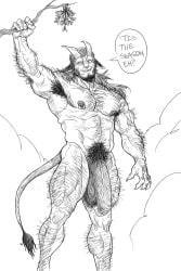 anthro balls bara barazoku big_penis christmas demon flaccid furry horns krampus male male_only monochrome muscles muscular penis solo solo_male speech_bubble tuhmayto