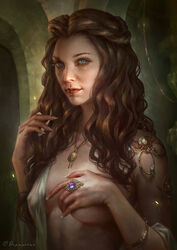 1girls a_song_of_ice_and_fire actress armlet artist_name belly blue_eyes breasts brown_hair celebrity covered_breasts covered_nipples dopaprime erect_nipples erect_nipples_under_clothes female female_only game_of_thrones jewelry long_hair looking_at_viewer margaery_tyrell necklace nipple_bulge real_person realistic ring signature solo tagme upper_body