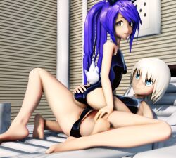 2girls 3d ass ass_focus ass_grab blonde_hair blue_eyes blue_hair chie_(misterorzo) female female_only green_eyes izumi_shimizu long_hair looking_at_viewer looking_back lying lying_on_back misterorzo mmd open_mouth original ponytail pool rabbit_ears rabbit_tail short_hair swimsuit tagme that_pool