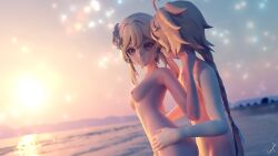 1boy 1girls 3d aether_(genshin_impact) beach blood_related brother_and_sister gentle held_from_behind imminent_sex incest lumine_(genshin_impact) mihoyo naked siblings sparkles straight twincest uncensored