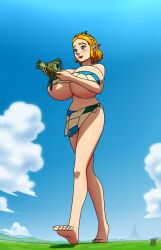 2023 barefoot big_breasts blonde_hair blush commission giantess green_eyes huge_breasts makeshift_clothes nintendo pointy_ears princess_zelda tagme tears_of_the_kingdom the_legend_of_zelda the_legend_of_zelda:_tears_of_the_kingdom ydbunny zelda_(tears_of_the_kingdom)