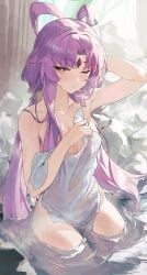 armpit bathing fu_xuan_(honkai:_star_rail) honkai:_star_rail hot_spring long_hair looking_at_viewer medium_breasts naked_towel one_arm_up one_eye_closed partially_submerged purple_eyes purple_hair r1zen towel