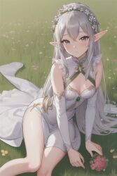 1girls ai_generated arm_sleeves artist_request blue_eyes bouquet character_request cleavage cleavage_cutout elf elf_ears elf_female elf_girl female female_only large_ears looking_at_viewer pointy_ears shy sitting small_breasts solo source_request stable_diffusion thighs white_dress white_hair