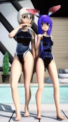 2girls 3d blonde_hair blue_eyes blue_hair chie_(misterorzo) female female_only full_body green_eyes izumi_shimizu long_hair misterorzo mmd original pool rabbit_ears rabbit_tail short_hair standing swimsuit tagme that_pool water