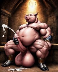 ai_generated anthro anthrofied big_belly cum cumshot huge_balls huge_cock muscular_anthro pig porcine