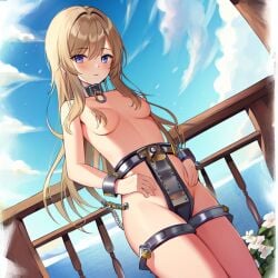 1girls ai_generated benmccannon_(artist) blonde_hair blue_eyes bondage character_request chastity_belt chastity_device collar copyright_request female female_chastity female_only original_character outside slave