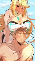 1boy 1girls alternate_breast_size big_breasts blonde_hair breasts brown_hair ceroccb commissioner_upload core_crystal female huge_breasts large_breasts long_hair male muscular_male mythra nintendo older rex_(xenoblade) scar scar_across_eye scars straight surprised xenoblade_(series) xenoblade_chronicles_2 xenoblade_chronicles_3:_future_redeemed