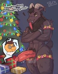 alex_(trexb6) anthro balls bara barazoku bee big_balls big_penis boner christmas crossed_arms demon erection furry gay heart heart-shaped_pupils horns insect krampus male male_only muscles muscular nude penis solo solo_male tongue_out trex_b6