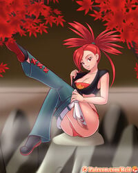 ass big_breasts breasts cameltoe cleavage clothing female female_only flannery_(pokemon) flannery_(pokemon_oras) human human_only jeans large_breasts looking_at_viewer panties pokemon reit solo