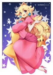 1girls big_breasts blonde_hair blue_eyes blush clothed clothing crown female female_focus female_only jumping large_breasts long_hair looking_at_viewer mario_(series) nintendo princess princess_peach solo solo_female star super_mario_bros. virus-g