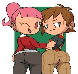 1boy 1girls 2023 animal_crossing animal_crossing_boy animal_crossing_girl ass averting_eyes balls balls_under_clothes big_ass both_sexes_in_same_situation brown_eyes brown_hair clothed dat_ass ear embarrassed eyelashes female female_focus femboy femboy_focus grabbing_arm green_background green_eyes happy leggings light_skin looking_at_viewer looking_away male male_focus messy_hair nintendo no_sex pants ponytail short_hair simple_background skirt sweat sweatdrop t-shirt two-tone_background vilepluff villager_(animal_crossing) white_background