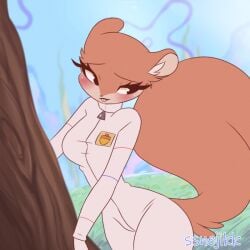 animated animated_gif anthro blush blushing bodysuit female_only furry no_bra sandy_cheeks spongebob_squarepants squirrel ssnejikk unzipped unzipped_bodysuit