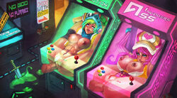 2girls abs absurdres anal anal_sex anus aqua_hair arcade arcade_machine arcade_miss_fortune arcade_riven arcade_series ass blue_eyes blue_hair breasts breasts_out cabbie_hat cap detached_sleeves disembodied_penis elbow_gloves electronics encasement english english_text female fingerless_gloves gloves gradient gradient_hair green_hair hat headphones helmet helmet_headphones highres holding_legs human large_breasts league_of_legends long_hair monorirogue multicolored_hair multiple_girls multiple_penises navel nipples pale_skin penis pink_hair public public_use pussy restrained riven sarah_fortune sex short_hair text vaginal_penetration weapon