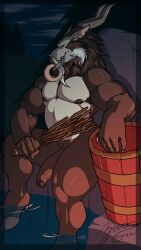 anthro balls bara barazoku christmas demon flaccid furry horns krampus male male_only muscles muscular nude penis sitting solo solo_male zaos_(artist)