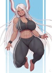 1girls abs athletic_female big_breasts blush bunny_ears bunny_girl clothed clothing dark-skinned_female feet female female_focus female_only fit_female gym_clothes hourglass_figure huge_breasts jumping kemonomimi large_breasts long_hair looking_at_viewer mature_female miruko muscular muscular_female muscular_thighs my_hero_academia red_eyes rumi_usagiyama slim_waist solo solo_female speedl00ver thick_thighs tights very_long_hair white_hair wide_hips