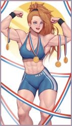 1girls abs arms_up big_breasts blue_eyes blush brown_hair captain_mizuki clothed clothing female female_focus female_only fit_female gold_(metal) gold_medal gym_clothes long_hair looking_at_viewer muscular muscular_female muscular_thighs one-punch_man solo solo_female speedl00ver thick_thighs