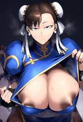 ai_generated big_breasts big_nipples breasts bursting_breasts chun-li expressionless female gigantic_breasts gloopai looking_at_viewer nai_diffusion nipple_bulge nipple_slip nipples steam steaming_body street_fighter sweat uninterested