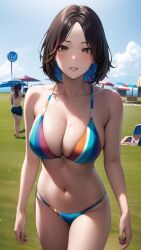 1girls ai_generated ai_mirror background_people belly_button black_hair blush brown_eyes chair grass looking_at_viewer medium_breasts multicolored_bra multicolored_panties multicolored_underwear short_hair sign umbrella white_skin