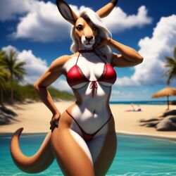 1girls 4k ai_generated backdrop beach bikini chicsea facial female female_only halter kangaroo lace pose realistic solo swimsuit tail thin tie