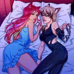 2d 2girls bracelet cat_ears chains female female_only game_cg handcuffs jeannine_duret_(mechat) laying_on_bed long_hair mechat multicolored_hair multiple_girls rene_luque_(mechat)